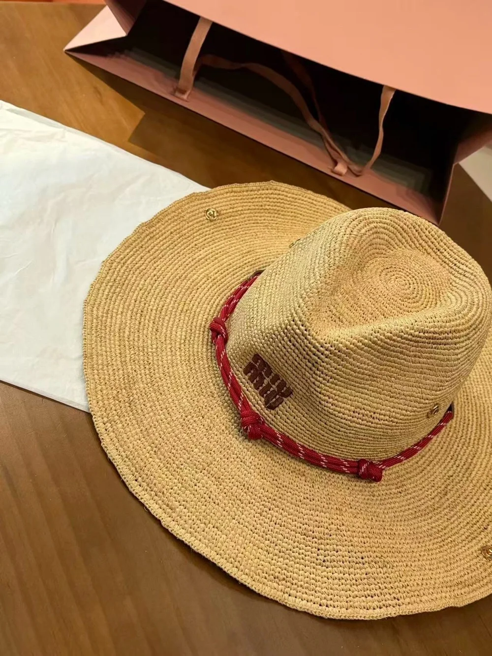Miu Miu Natural Straw Cowboy Hat with Red Band